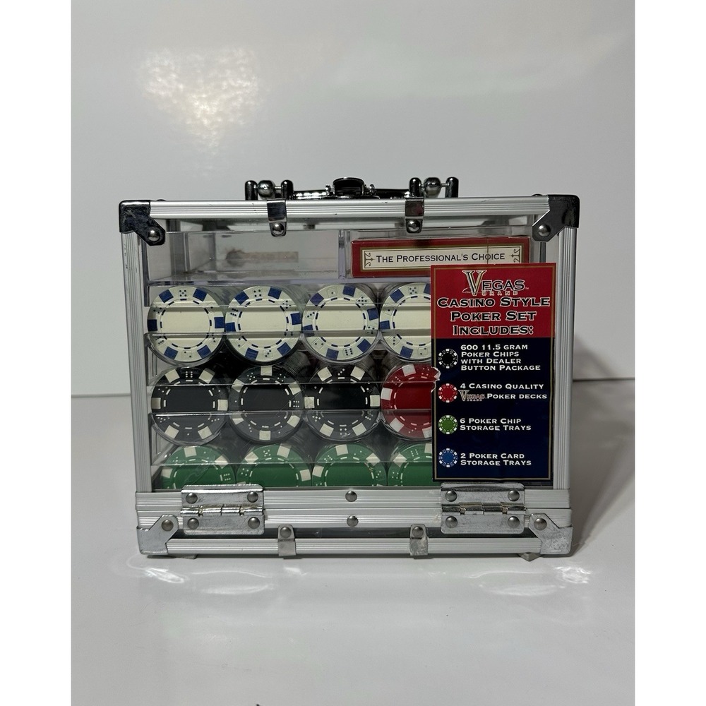 Vegas Brand Casino Style Poker Set 600 11.5g Chips Case 4 Decks Dealer Button